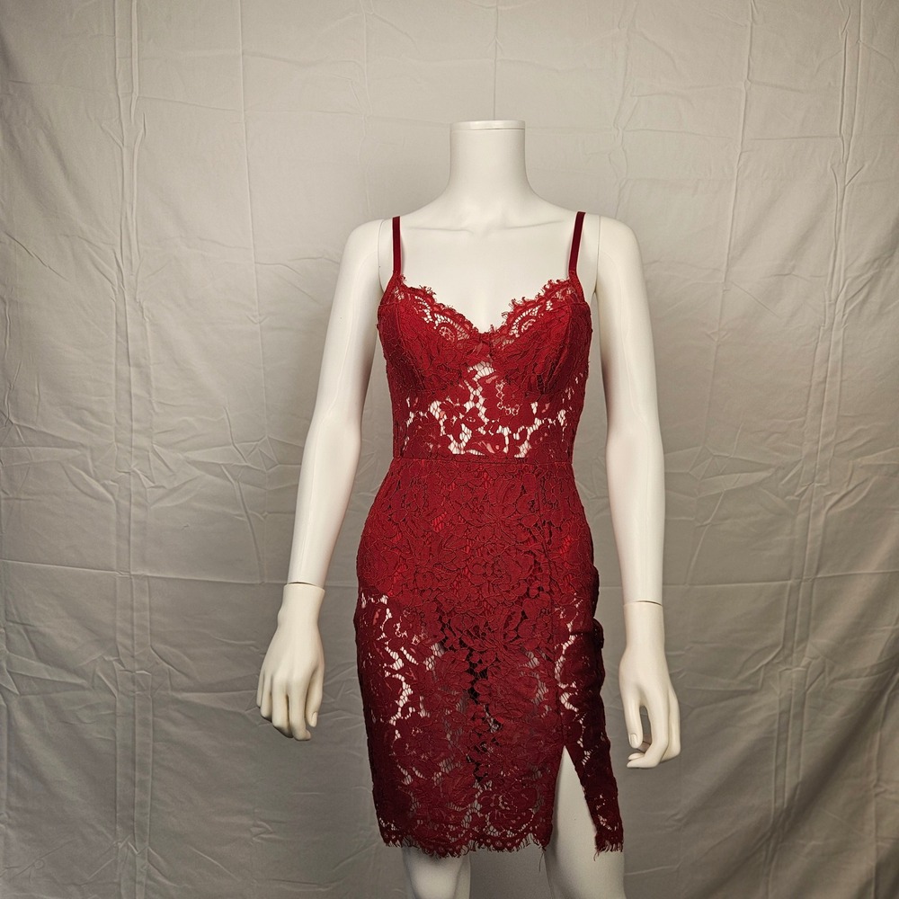Red Floral Lace Bodycon Cocktail Dress Sheer Waist Eyelash Hem Crimson S